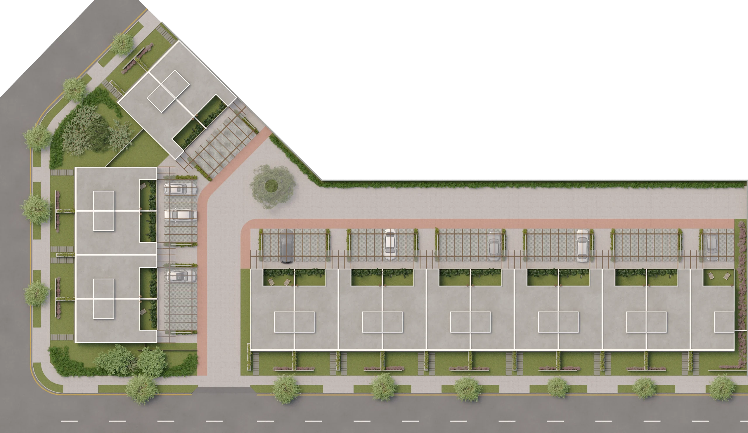 Vista superior da implantação das 17 Casas Pátio, com jardins frontais e acesso às vagas pelos fundos