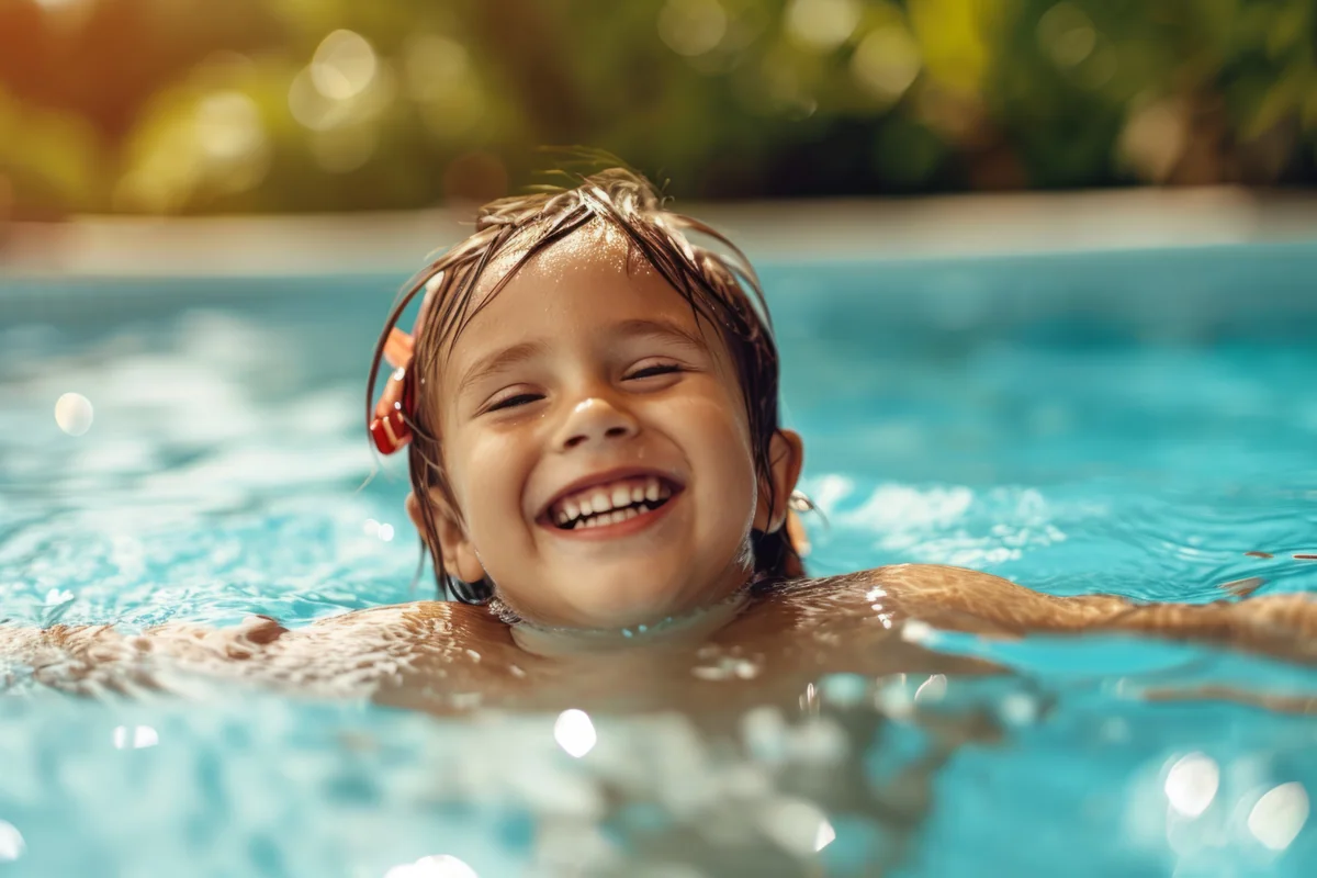 Criança sorrindo na piscina